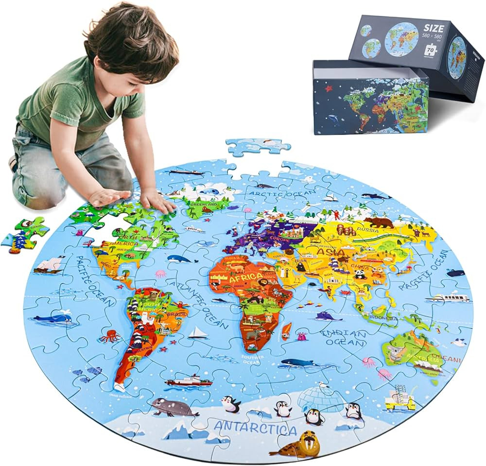 World Map Jigsaw Puzzle for Kids 4-8, 70 Piece Large Round Floor Puzzles for Kids Ages Toddler Pu... | Amazon (US)