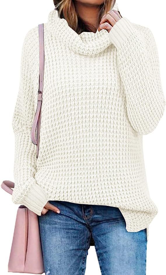 ZESICA Womens Turtleneck Long Sleeve Waffle Knit Casual Loose Pullover Sweater Jumper Tops | Amazon (US)