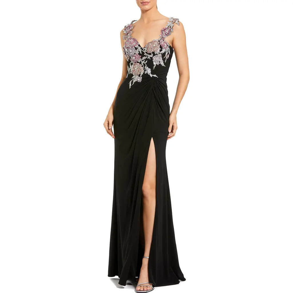 Mac Duggal Sweetheart Jersey Gown With Beaded Flowers in Black Multi at Nordstrom, Size 0 | Nordstrom