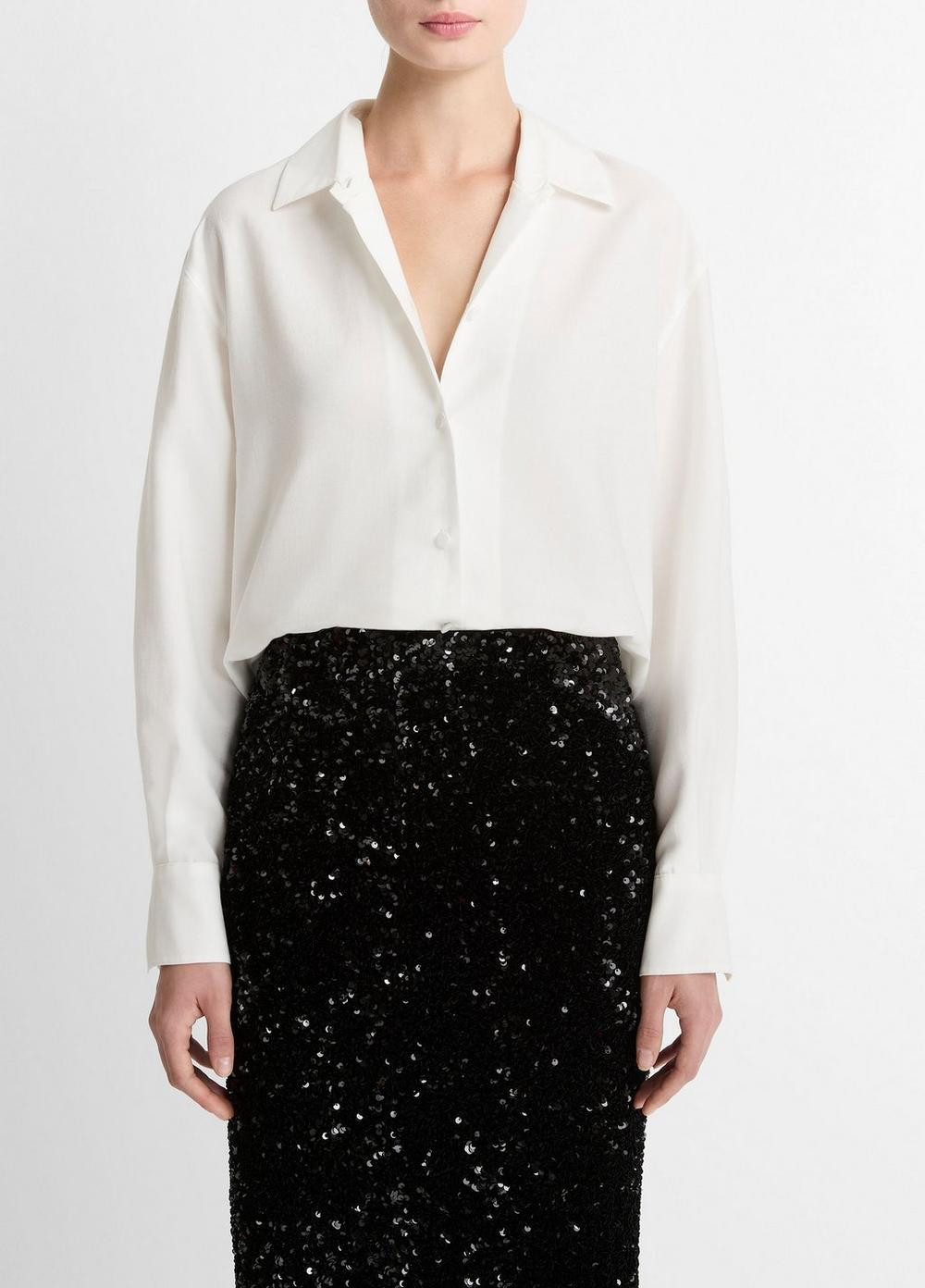 Women's Refined Twill Covered-button Shirt, Light Cream, Size XS Vince | Vince LLC