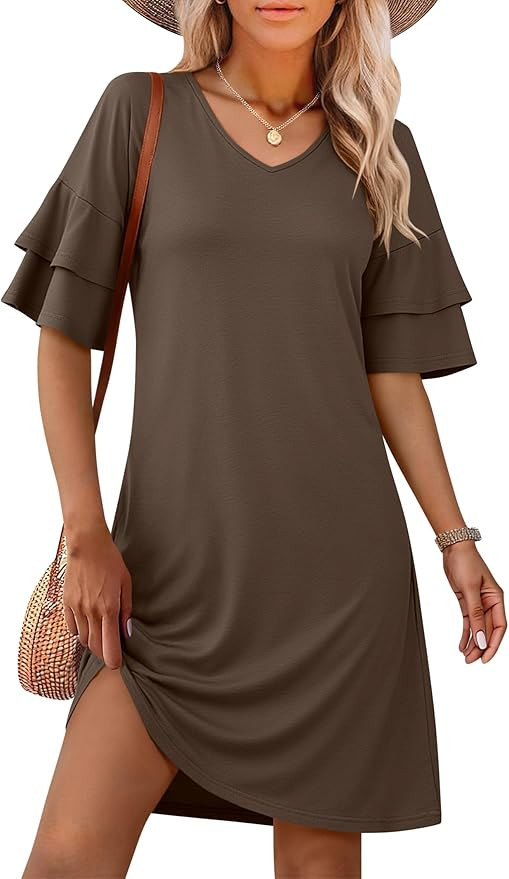 ANRABESS Womens Summer Dresses 2026 Ruffle Sleeve V Neck Casual A Line Tshirt Mini Dress Beach Va... | Amazon (US)