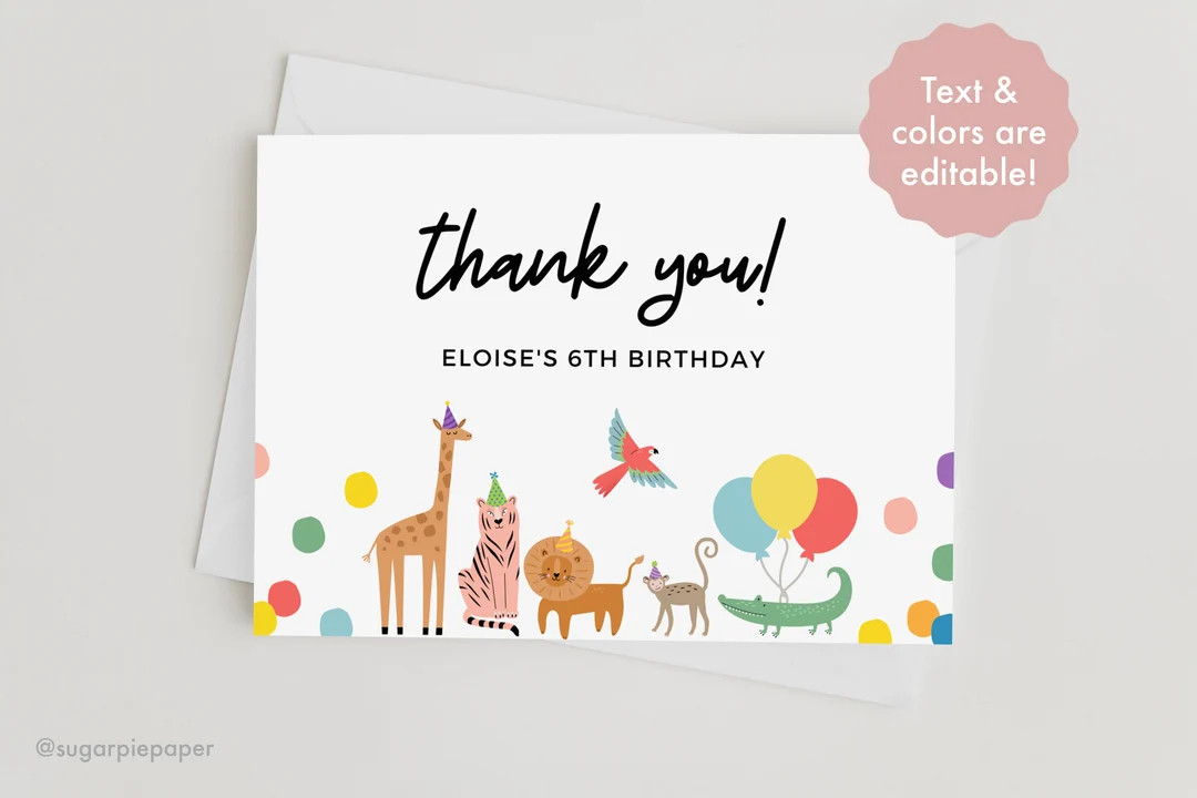 Birthday Thank You Card, Party Animals Birthday, Wild Animals Party, Jungle Thank You Cards, Jung... | Etsy (US)