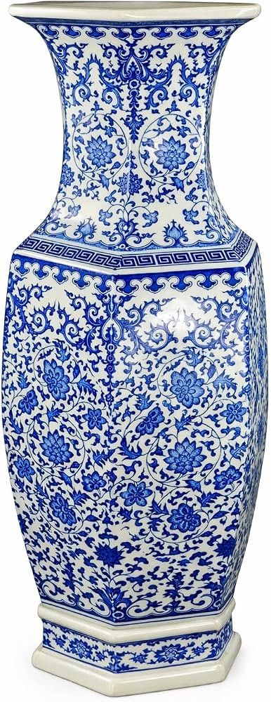 24" Classic Blue and White Hexagonal Lotus Porcelain Vase, Ceramic Vase Jingdezhen, China Qing St... | Amazon (US)