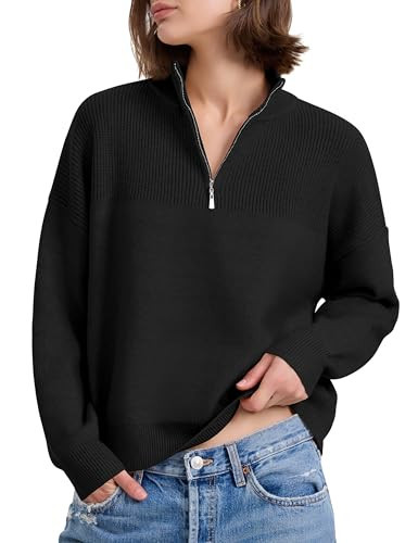 PrettyGuide Womens Quarter Zip Striped Sweater Casual Loose Ribbed Knit Pullover Tops Black M | Amazon (US)