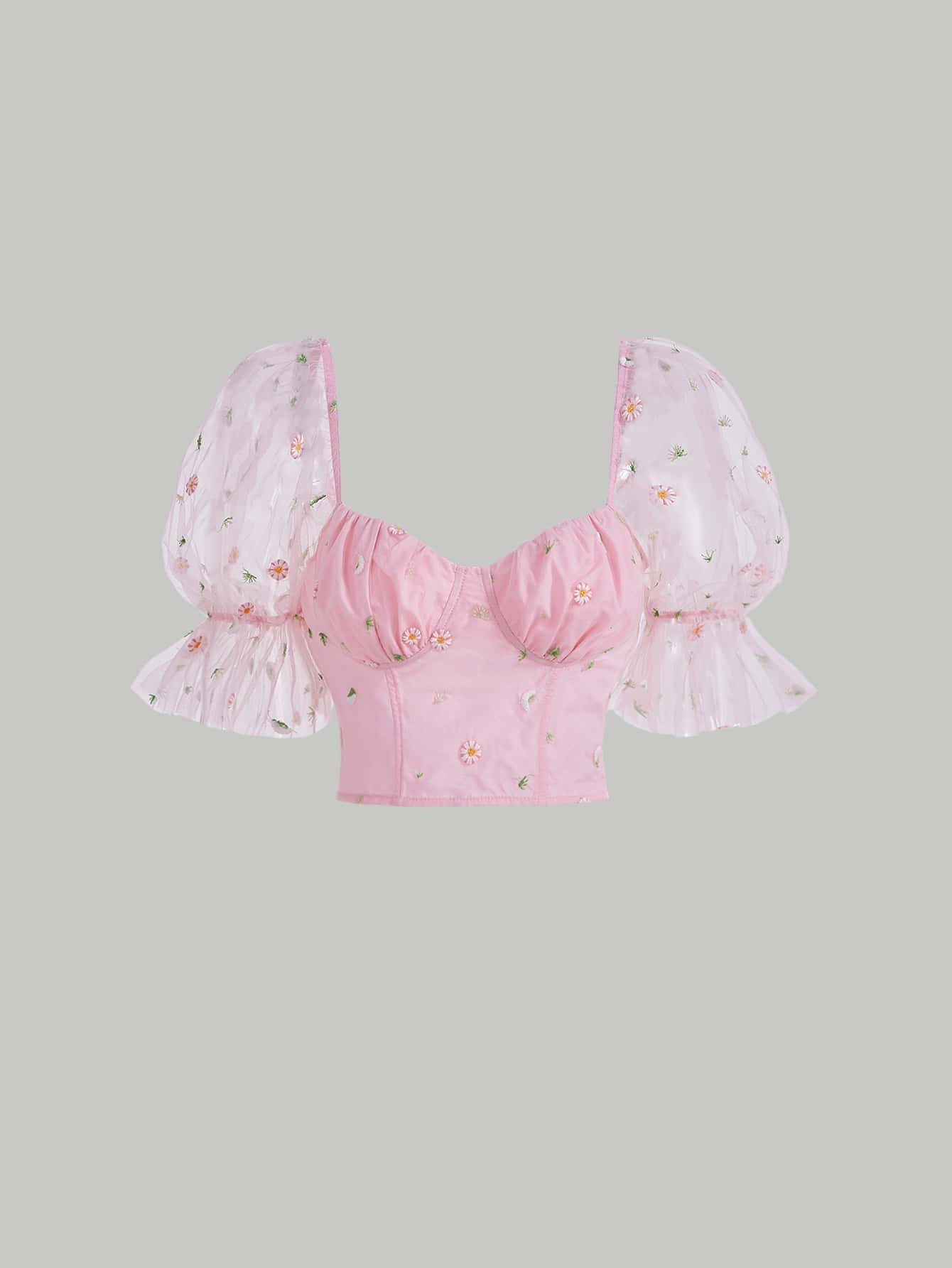 SHEIN MOD Floral Embroidery Ruched Bust Puff Sleeve Crop Blouse
       
              
          ... | SHEIN