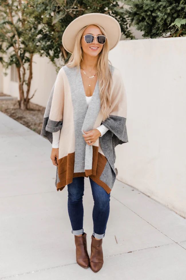 Borrow Your Time Colorblock Grey Poncho | The Pink Lily Boutique