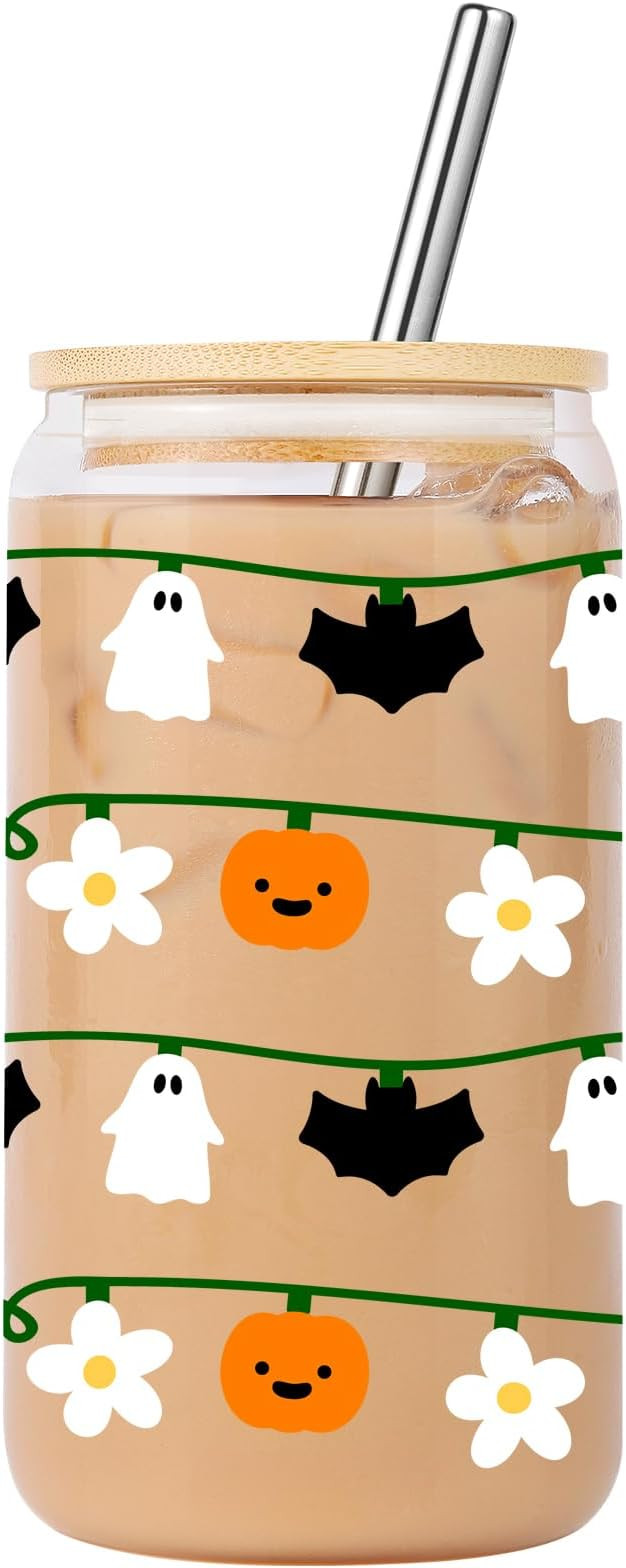 Halloween Pumpkin Ghost String Lights, 16oz Glass Cup with Lid & Straw, Spooky Gifts for Hallowee... | Amazon (US)