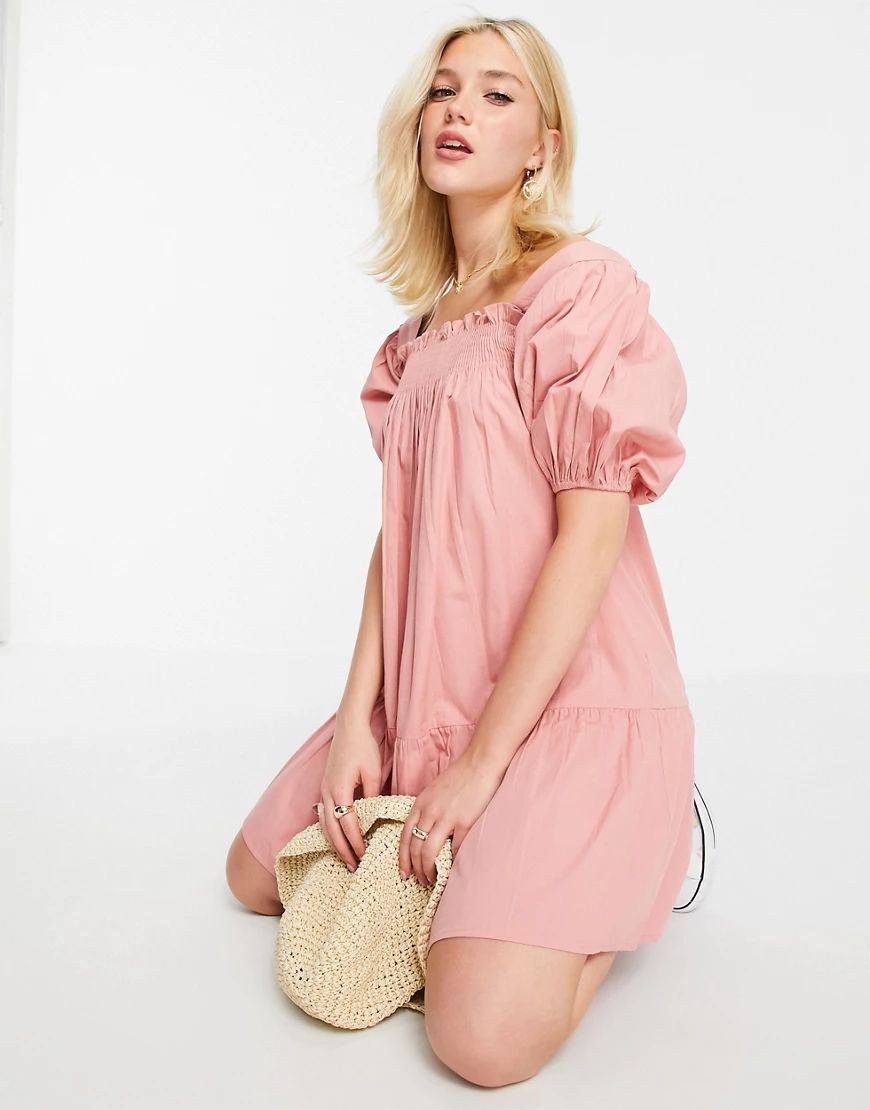 Influence puff sleeve cotton poplin mini dress in pink-Orange | ASOS (Global)