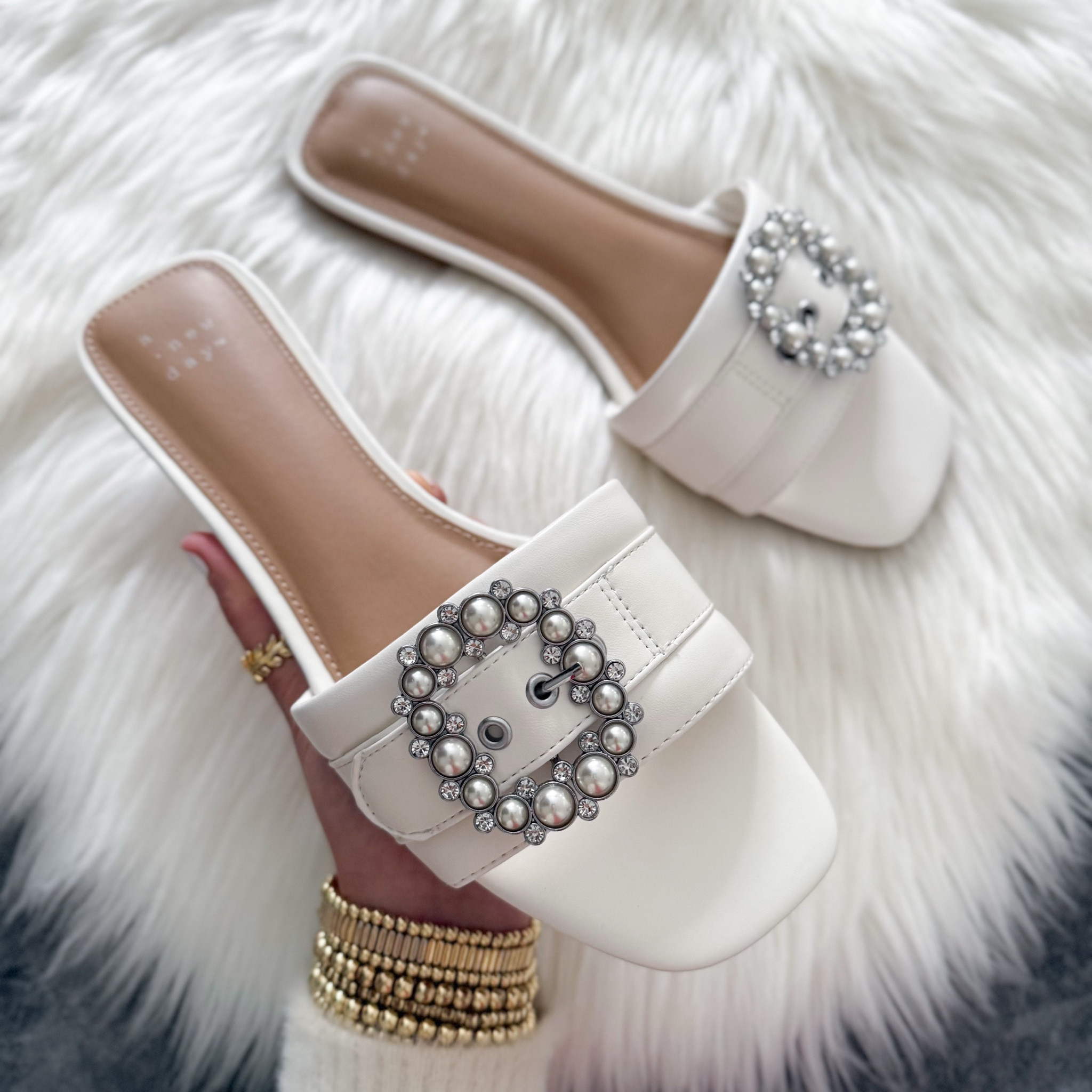 Target Kelsey bone pearl buckle sandal a new day cream. Runs small. Under $30