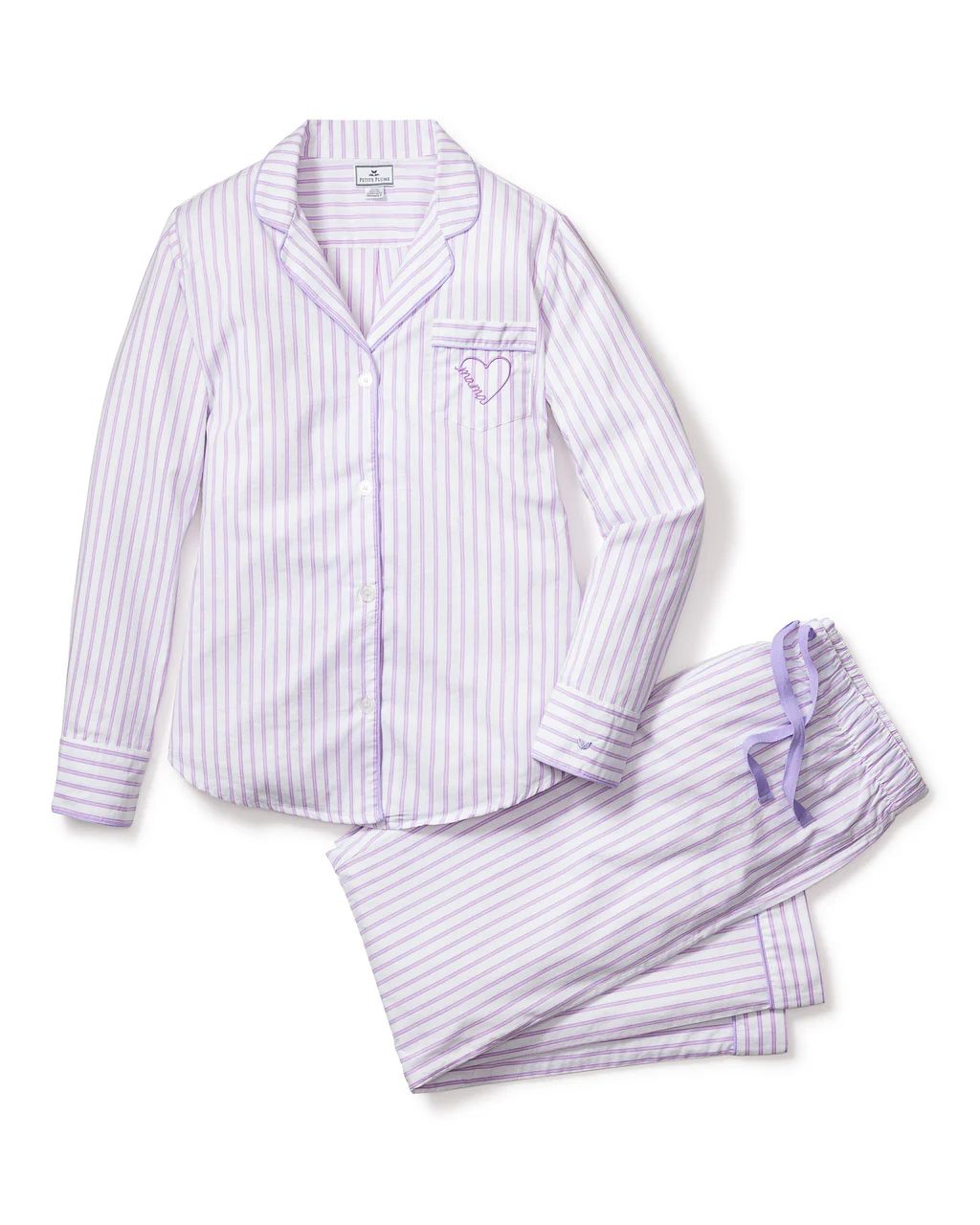 Women's Twill Lavender French Ticking Pajama Set with Mama Embroidery | Petite Plume