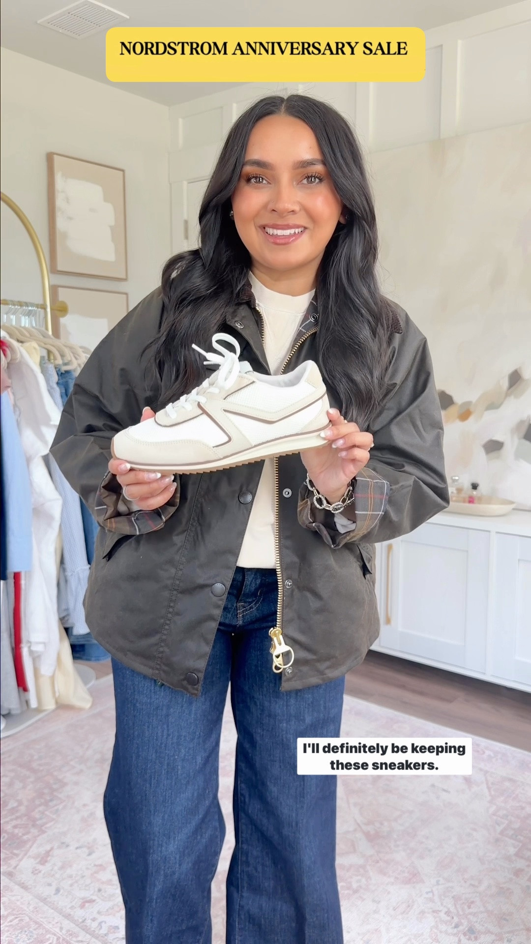 Nordstrom Anniversary Sale 

White beige brown stripe sneakers size 6.5 TTS

Barbour sweatshirt size 4 TTS - roomy fit
Frame jeans size 26 petite TTS
Olive Barbour jacket size 4 TTS

#LTKSaleAlert #LTKPetite #LTKmomlife