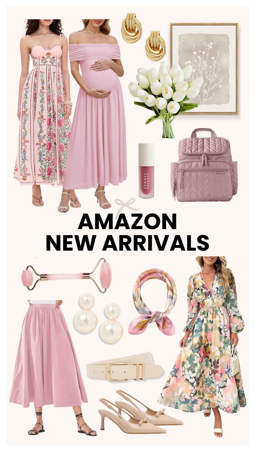 Shop Amazon new arrivals featuring floral maxi dresses, maternity off-the-shoulder gowns, and pastel pink midi skirts. Complete your wardrobe with gold knot earrings, pearl drop studs, neutral slingback heels, and silk hair scarves. These Amazon fashion and accessory finds are perfect for weddings, showers, and everyday  style.
