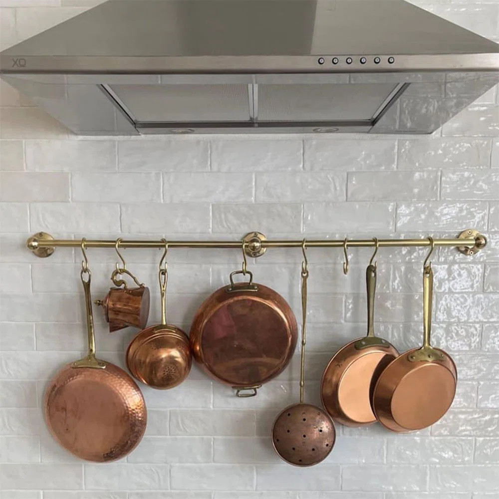 Custom Unlacquered Brass Wall Mounted Pot Rack - Brass Kitchen Rail With Hooks Brass Wall Pot Rac... | Wayfair North America