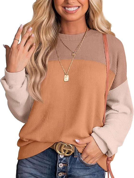 WIHOLL Womens Fashion 2024 Color Block Long Sleeve Crewneck Knitted Ribbed Shirts Tunic Tops Casu... | Amazon (US)