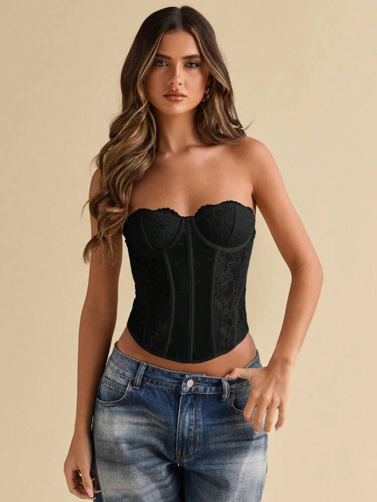 SHEIN BAE Women's Summer Beach Vacation Elegant Elastic Lace Bra Cup Top, Corset Concert Costume Performance Costume Music Festival Club Sexy Top | SHEIN