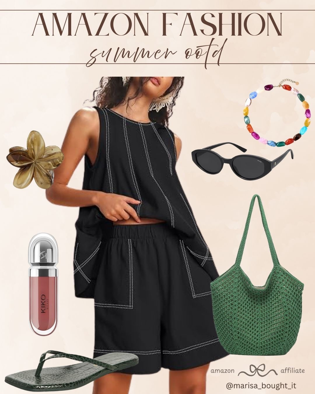 Effortless Summer OOTD 🖤

I love this lightweight black two-piece matching set for a cool and comfortable summer look. The white contrast stitching gives it the perfect touch of detail for an easy, put-together outfit. 🌟

I styled it with a green crochet tote bag, dark green flip flops, sleek black sunglasses, a colorful statement necklace, and a pretty flower hair claw clip to complete the casual look.

#liketk #ltkstyletip #ltkunder50 #ltksummer #amazonfashion #amazonootd #matchingset #summerstyle #casualootd #beachstyle #vacationfashion #effortlesschic

#LTKootd #LTKSeasonal