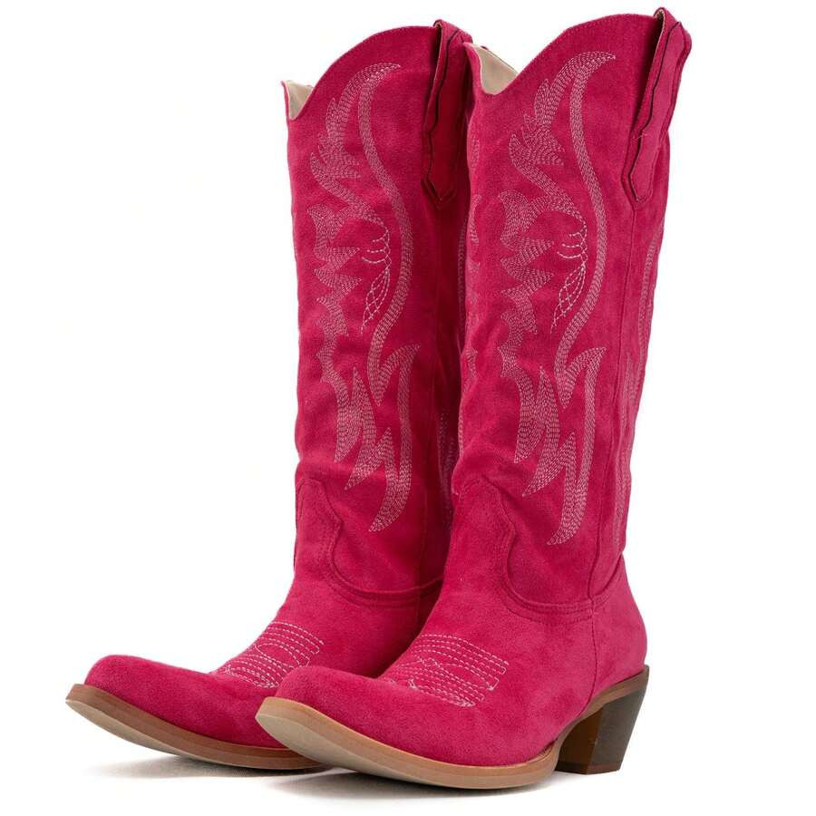 Kylasien Womens Cowboy Boots Suede Embroidered Pointed Toe Chunky Heel Western Mid Calf Denim Boo... | SHEIN