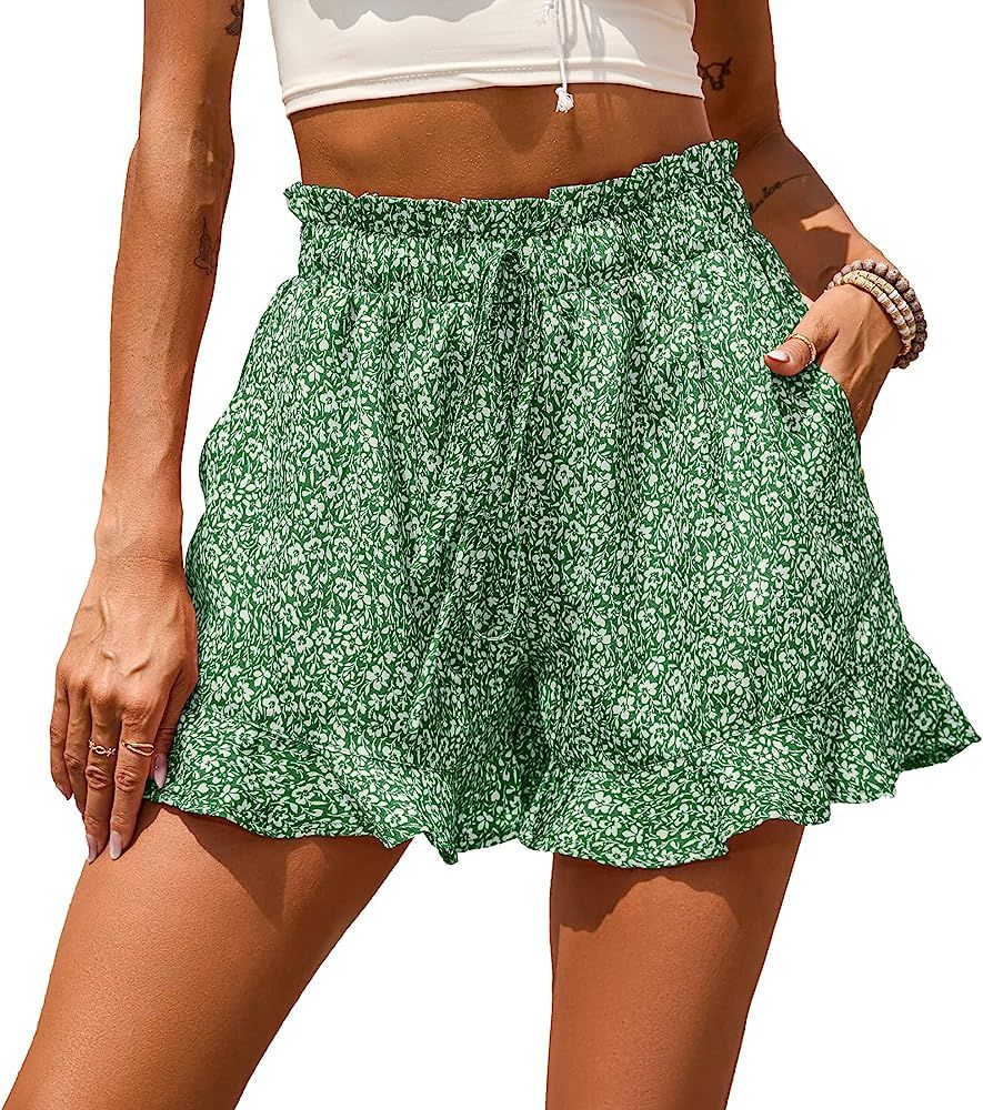 BTFBM Women's Casual Shorts Elastic High Waist Ruffle Hem Floral Print Comfy Summer Beach Short Loun | Amazon (US)