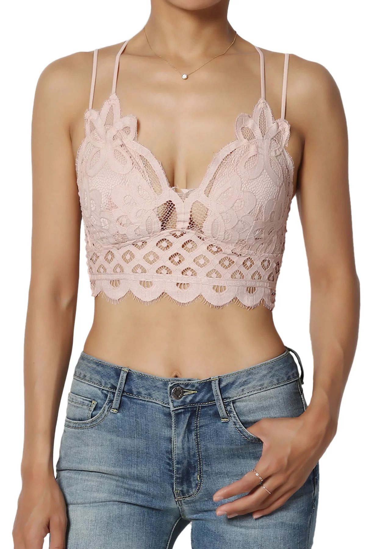 TheMogan Women's S~3X Cross Strap Smocked Back Crochet Lace Bralette Pad Bra Top | Walmart (US)