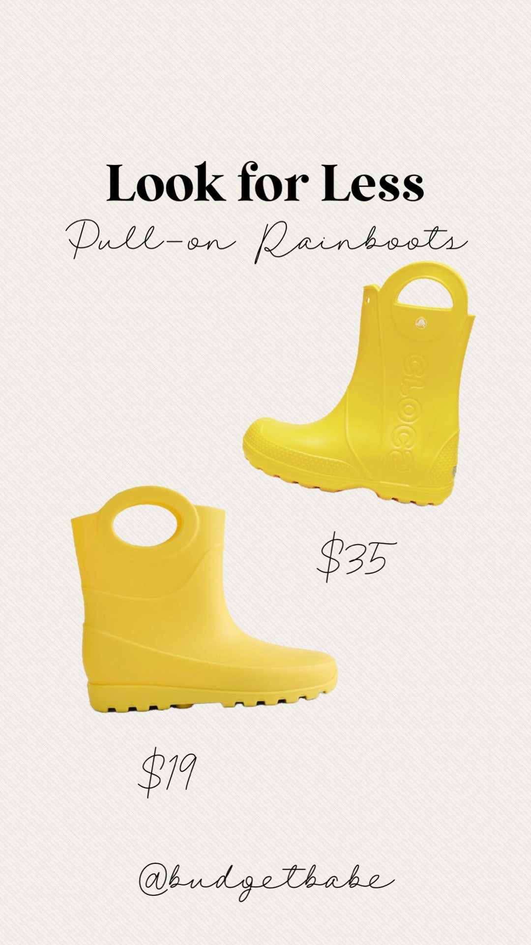 Toddler/little kid pull on rainboots look for less at Walmart! We own the crocs and they’re pretty awesome; currently on sale for $35. Very lightweight, comfortable and durable. #lookforless