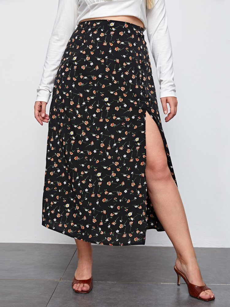 Plus Ditsy Floral Split Skirt | SHEIN