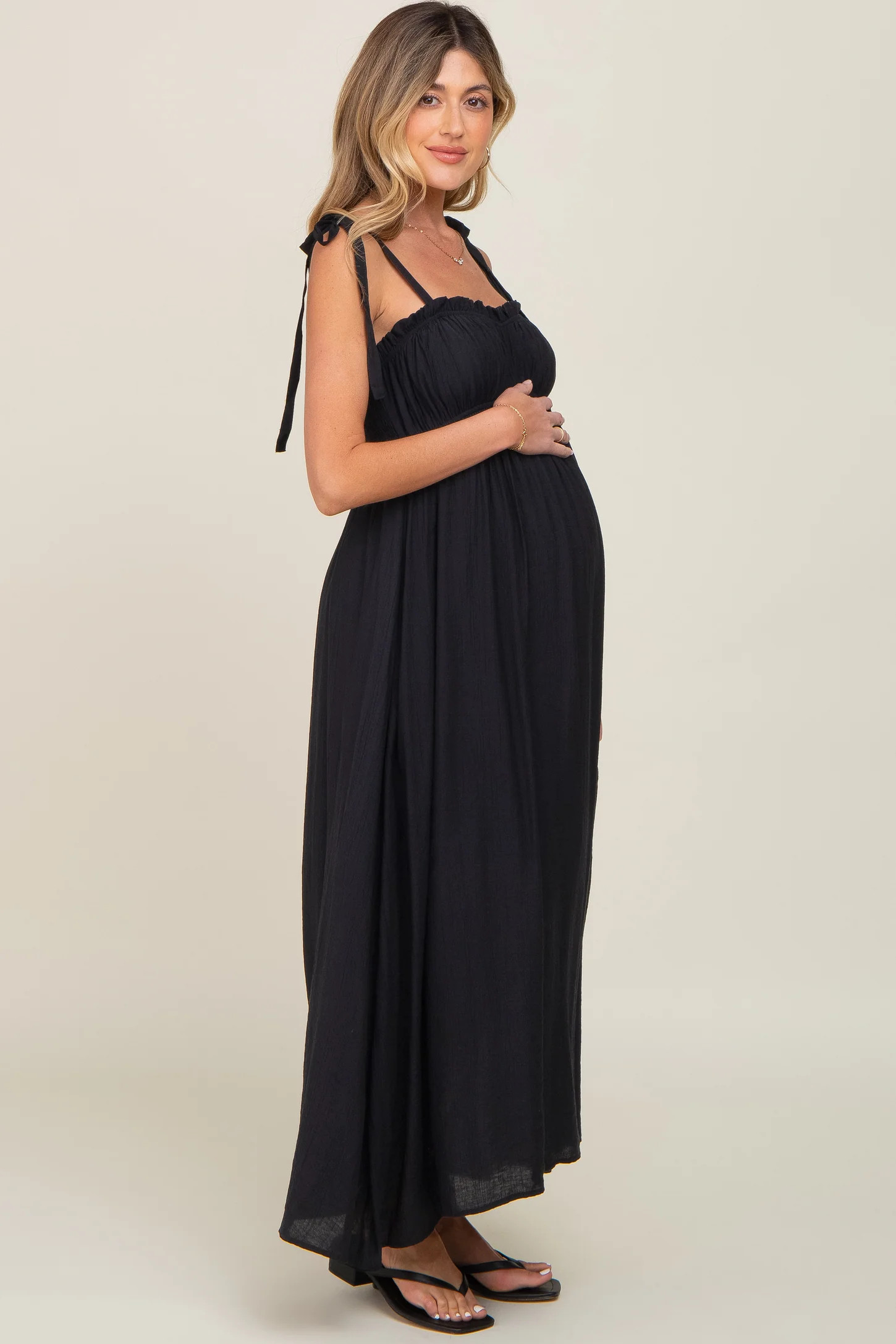 Black Sleeveless Ruffle Trim Maternity Maxi Dress | PinkBlush Maternity