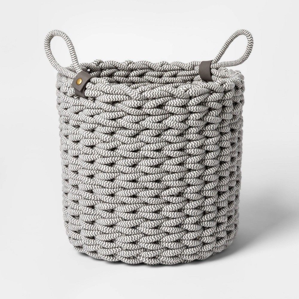 Large Coiled Rope Fishtail Weave Basket with Faux Leather Accent Gray - Project 62 | Target