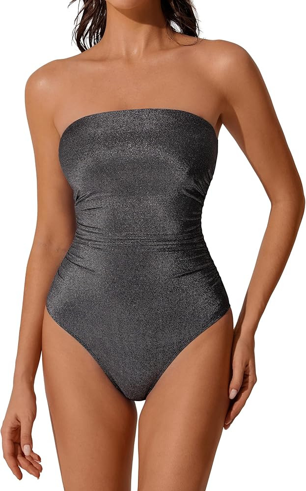RXRXCOCO Women Tummy Control One Piece Swimsuits Ruched Strapless Bathing Suits Slimming Swimwear | Amazon (US)