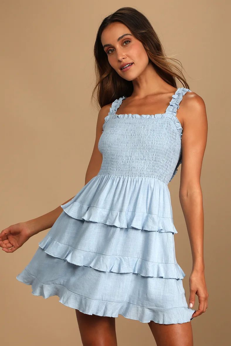 Super Sweet Light Blue Smocked Ruffled Tie-Back Mini Dress | Lulus (US)