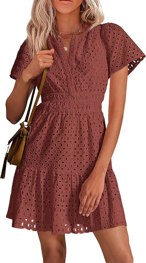 PRETTYGARDEN Womens 2026 Summer Short Dress V Neck Short Sleeve A Line Hollow Out Lace Cute Casua... | Amazon (US)