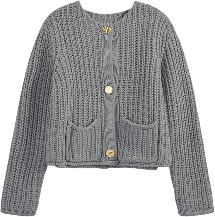 Saodimallsu Womens Button Up Sweaters Fall Chunky Knit Cropped Trendy Crewneck Loose Cardigan wit... | Amazon (US)