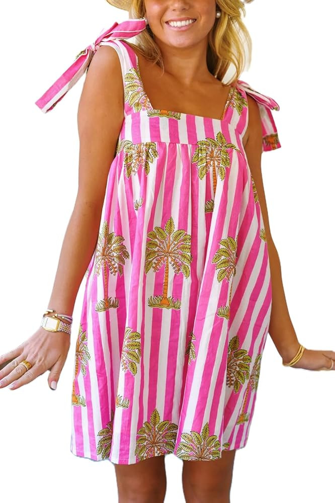 Women Tie Shoulder Mini Dress Floral Ruffle Babydoll Dress Boho Square Neck Sundress Cute Summer ... | Amazon (US)