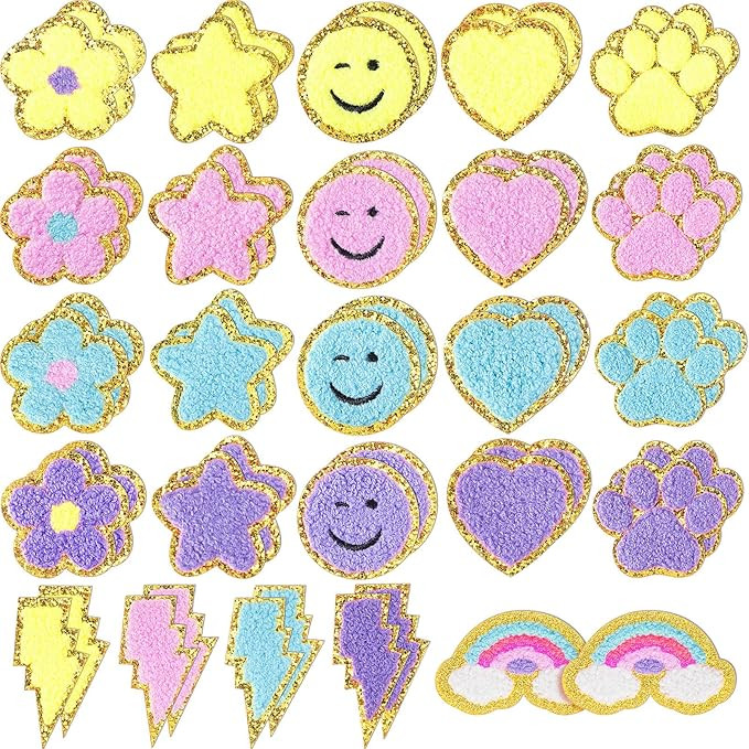 Yilloog 50 Pcs Self Adhesive Chenille Patches Paw Print Smile Face Heart Patch Preppy Sticker Che... | Amazon (US)