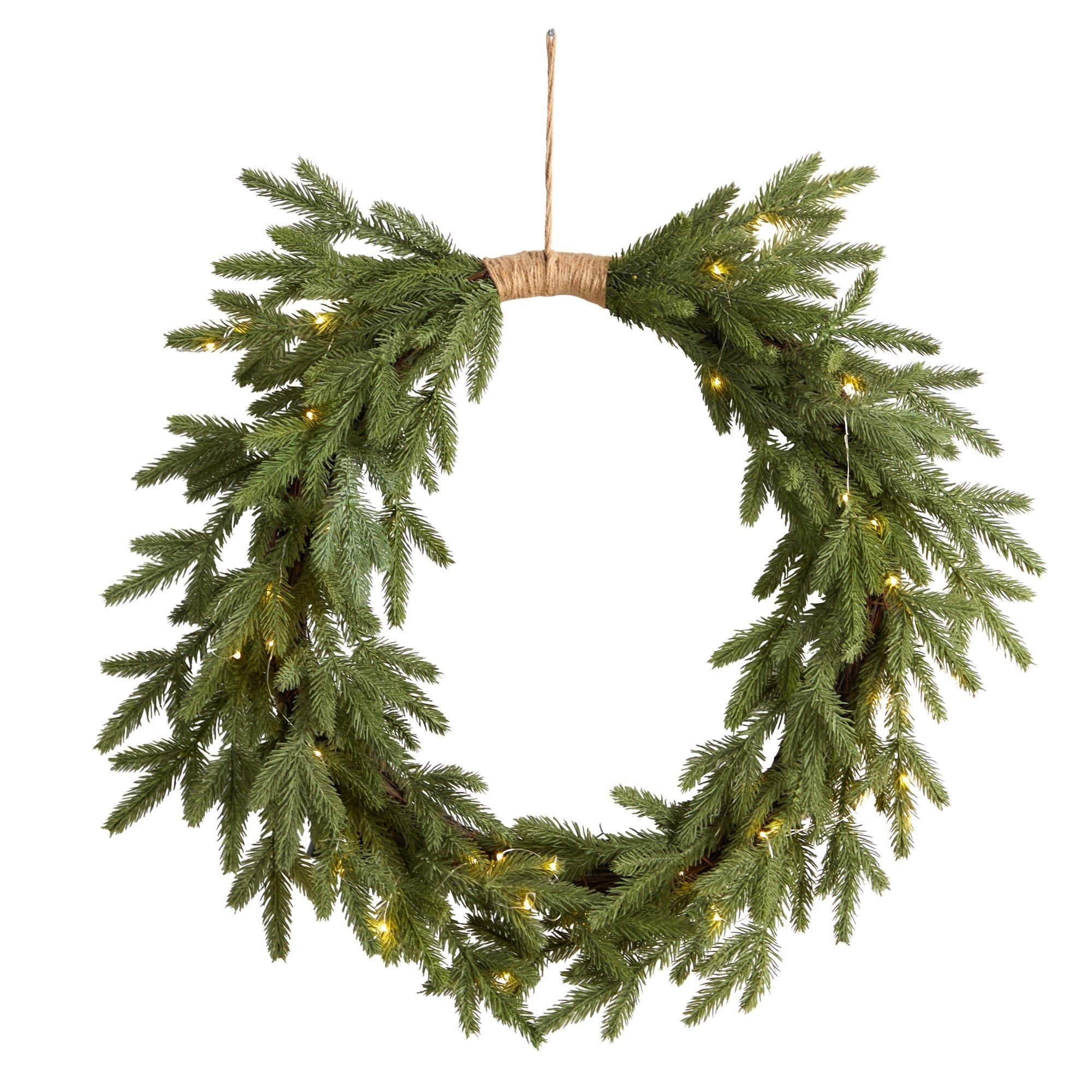 24" Holiday Christmas Pre-Lit Cascading Pine Wreath" | Nearly Natural