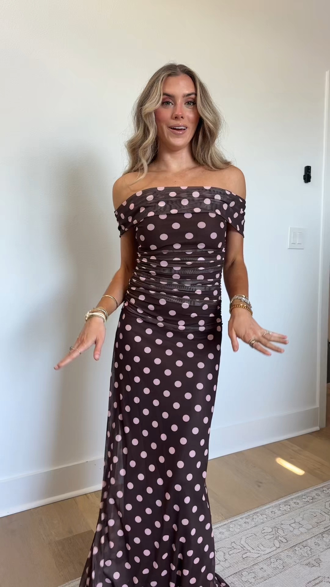 Baltic born code SLOANEBB15.  Meet the Maisie Off-Shoulder Maxi, a playful yet refined silhouette in chocolate and blush polka dot mesh. Designed to flatter, it pairs a fitted off-the-shoulder bodice with soft stretch mesh and a sweeping maxi skirt that moves gracefully with every step.

#LTKootd #LTKSaleAlert #LTKWedding