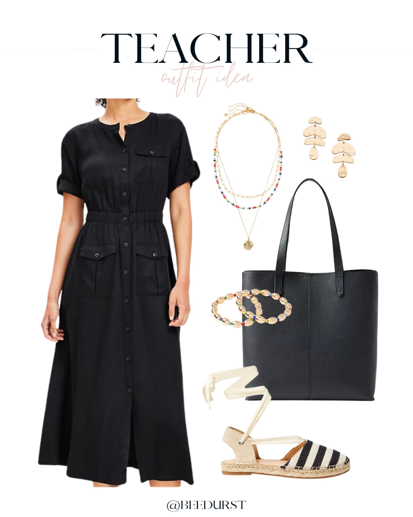 Teacher outfit idea, teacher outfit inspo, teacher outfit, cute teacher outfit, cute work outfit, work outfit idea, work outfit inspo, black dress, work dress, office dress, teacher dress, espadrille sandals, cute work shoes, work sandals, closed toe sandals, black tote bag, work tote bag, beaded bracelets, layered necklaces, drop earrings, statement earrings 

#LTKWorkwear #LTKItBag #LTKShoeCrush