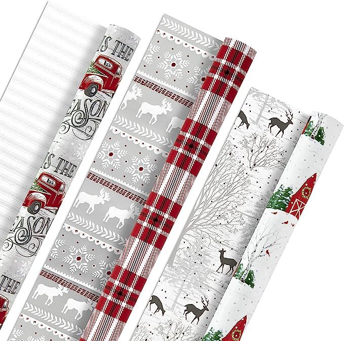 Hallmark Holiday Reversible Wrapping Paper Bundle, Rustic Christmas (Pack of 3, 120 sq. ft. ttl) ... | Amazon (US)