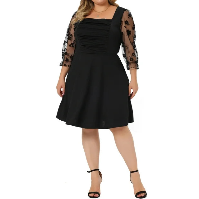 Agnes Orinda Women's Plus Size Square Neck Sheer Long Sleeve Ruffle Flowy A-Line Midi Dress 1X Bl... | Walmart (US)