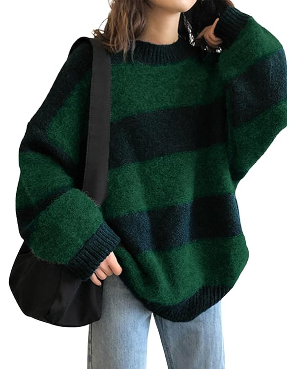 EMMIOL Women's Oversized Striped Sweaters 2025 Fall Trendy Long Sleeve Knit Outfits Crewneck Fash... | Amazon (US)