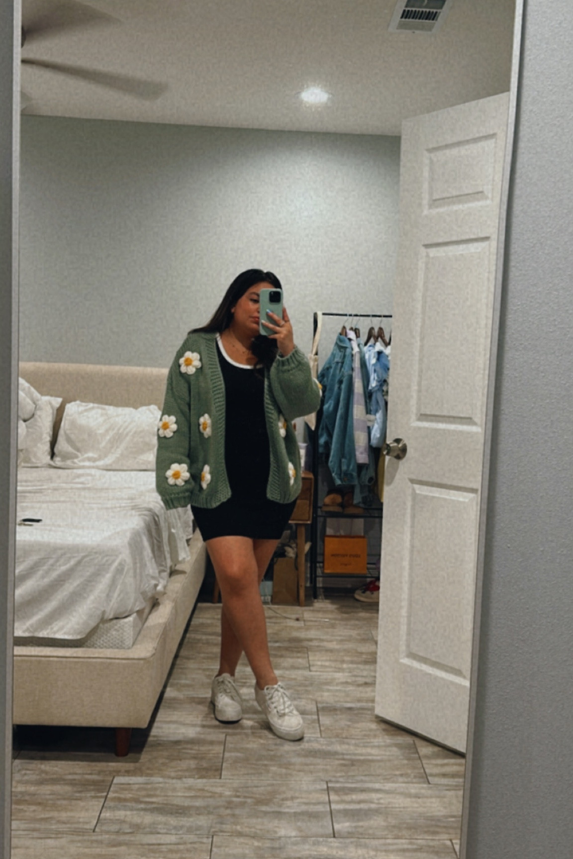 Casual spring outfit, floral cardigan , black dress, ribbed bodycon dress, white platform shoes, white sneakers 

#LTKshoecrush #LTKsalealert #LTKworkwear