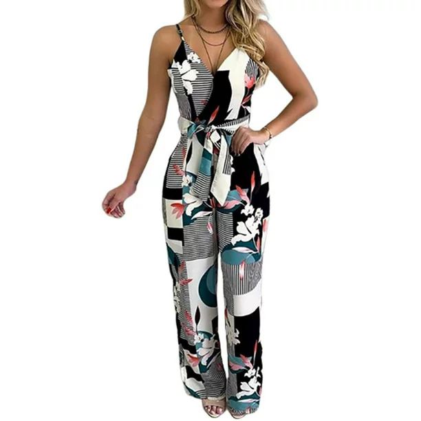 Multitrust Boho Women Strappy Floral Jumpsuit Ladies Holiday Playsuit Summer Beach Vneck | Walmart (US)