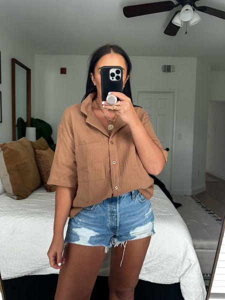 Women's 100% Cotton Gauze Short Sleeve Notch Collar Top - Stars Above™ Brown wearing size medium $16.  Levi's® Women's 501™ Original High-Rise Jean Shorts wearing size 29 $49.
 Perfect outfit for summer nights, lounging around, and casual cozy outfits. 
