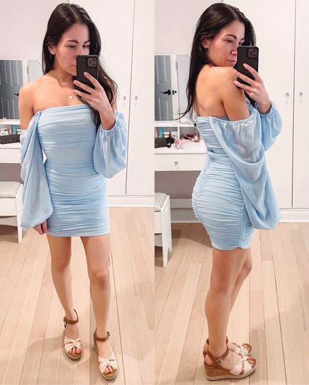 Love this light blue party dress. Super flattering for curves and the flowy sleeves are beautiful. Wedding guest, shower, or vacation dress under $100.

#LTKParties #LTKFindsUnder100 #LTKWedding