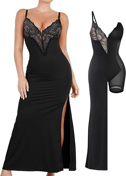 Popilush Lace Cocktail Dresses for Women - Deep V Neck Shapewear Satin high Slit Bodycon Maxi Dre... | Amazon (US)