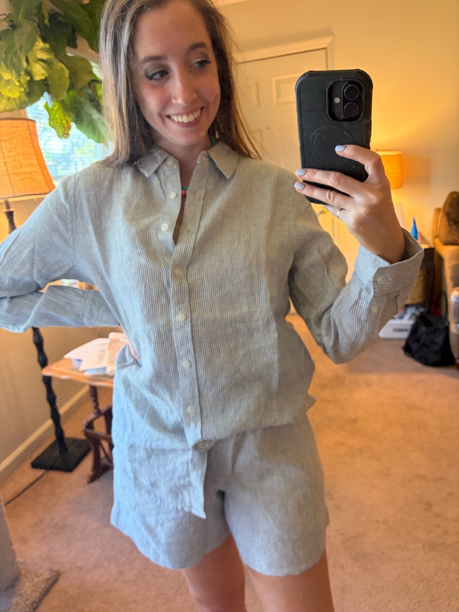 Blue and white striped matching set! The shorts run a little big, I sized down to an XS. the shirt has a relaxed fit but is TTS, I sized up to a medium for a more relaxed fit. 
Quince 
Linen shirt 
Linen shorts

#LTKSeasonal