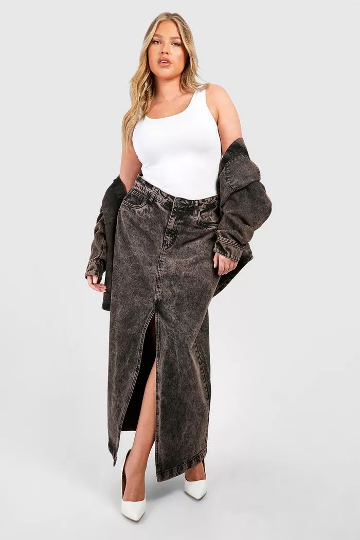 Plus Basic Split Front Denim Maxi Skirt | boohoo (US & Canada)