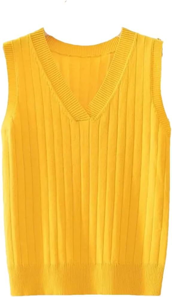 Women Slim Knitted Sweater Vest Elastic Basic Tops Ladies V-Neck Pullover Girls Waistcoat | Amazon (US)