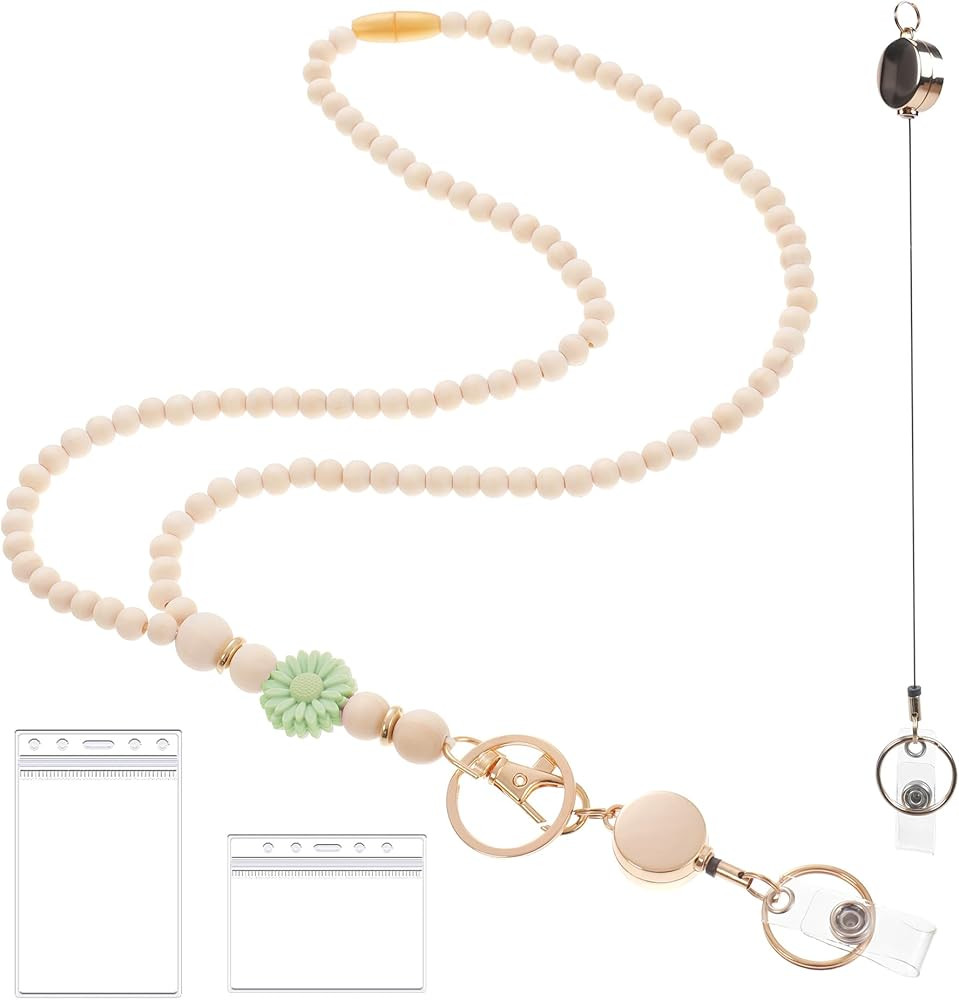 Wooden Beaded Lanyard for Women, ID Badge Holder for Teacher, Retractable Breakaway Keychain | Amazon (US)
