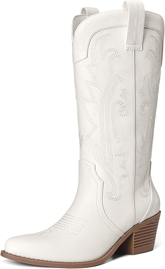 Athlefit Women's Embroidered Western Cowboy Boots Fashion Pointed Toe Chunky Heel Mid Calf Cowgir... | Amazon (US)