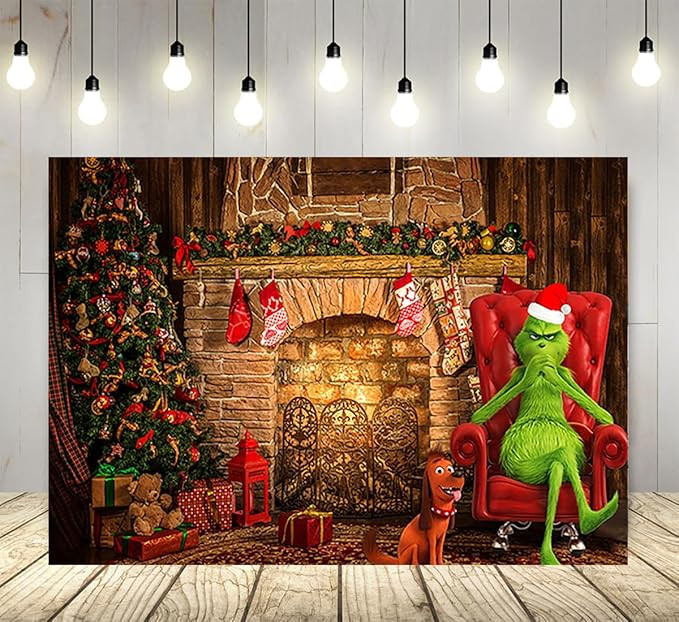Retro Fireplace Backdrop for Christmas Party Supplies 5x3ft Grinch Red Sofa Photo Background Merr... | Amazon (US)